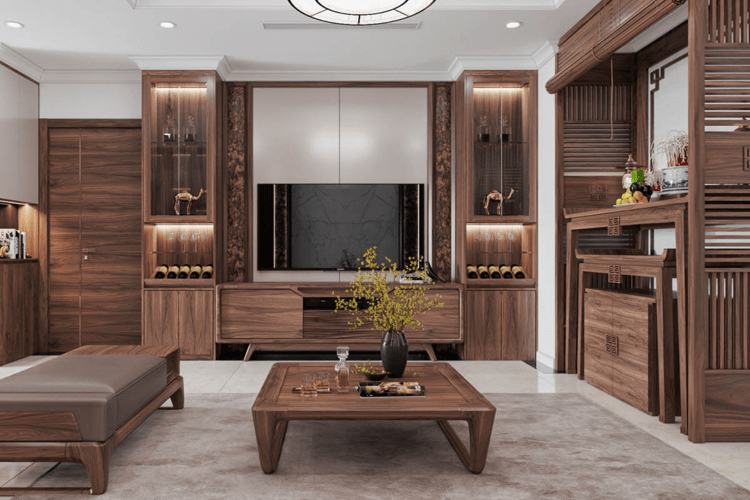 Mẫu phòng khách nhà ống 5m hiện đại có bàn thờ