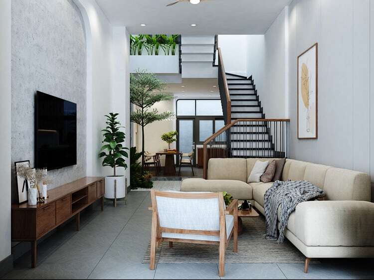 Trang trí phòng khách nhà ống 5m hiện đại với màu sắc trang nhã