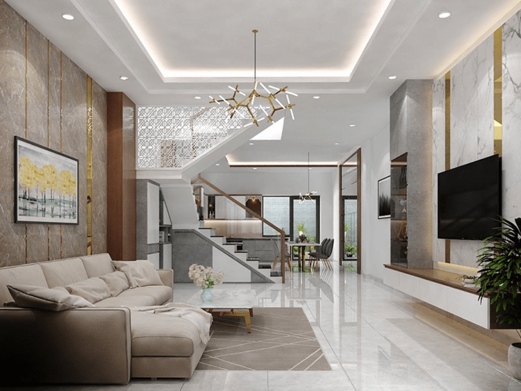 Mẫu phòng khách nhà ống 5m hiện đại có cầu thang