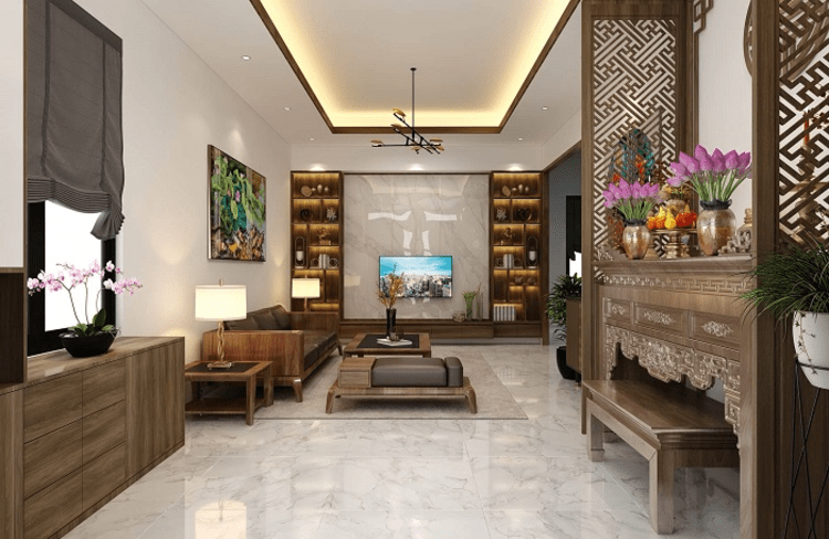 Thiết kế phòng khách nhà ống 5m hiện đại có bàn thờ