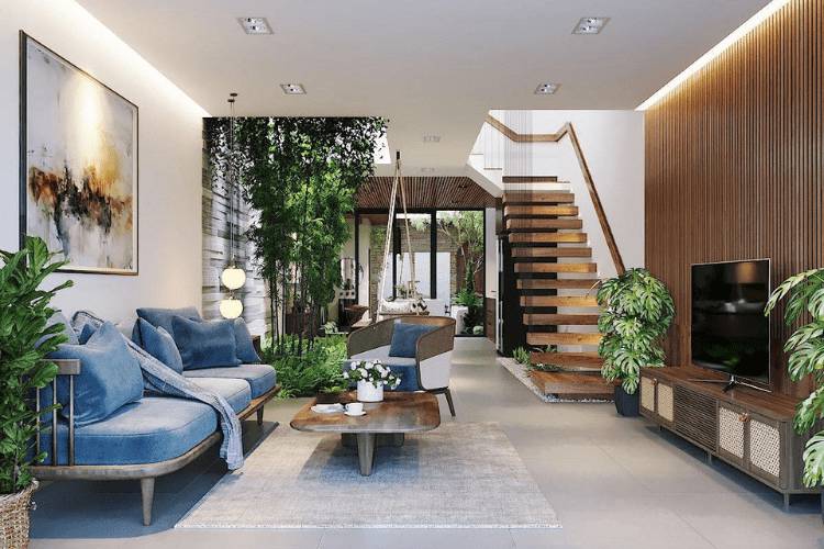 Mẫu phòng khách nhà ống 5m hiện đại có cây xanh