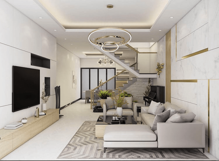 Mẫu phòng khách nhà ống 5m đẹp, hiện đại