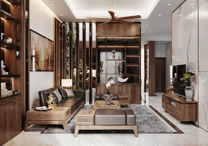 Mẫu phòng khách nhà ống 5m đẹp, trang trí vách ngăn gỗ sang trọng