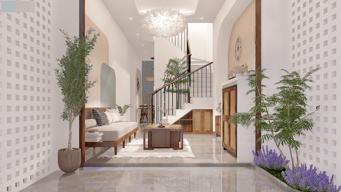 Mẫu phòng khách nhà ống với cây xanh