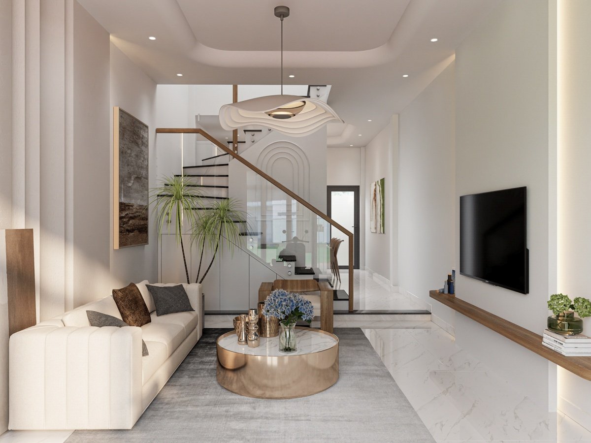 Mẫu phòng khách nhà ống 25m2 có cầu thang
