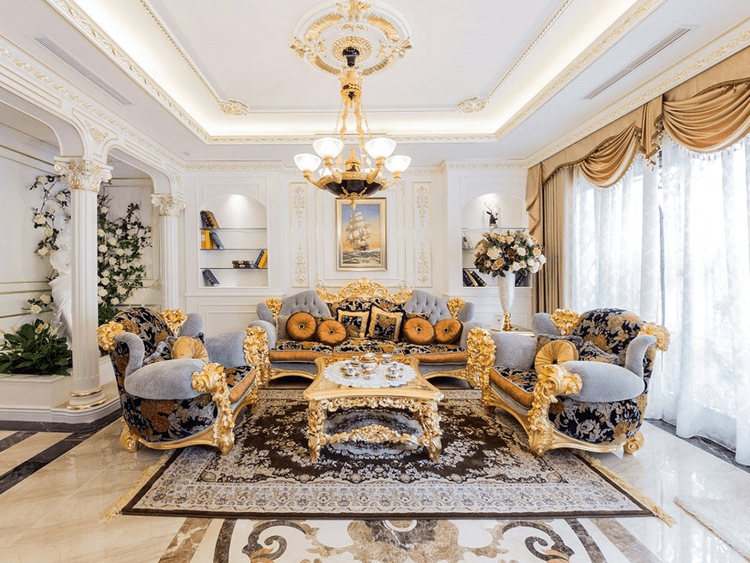 Mẫu thiết kế phòng khách tân cổ điển kết hợp nội thất gỗ