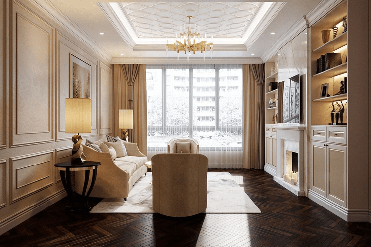 Mẫu phòng khách tân cổ điển nhà ống đẹp nhất 2023