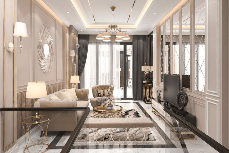 Mẫu phòng khách tân cổ điển nhà ống đẹp, sang trọng