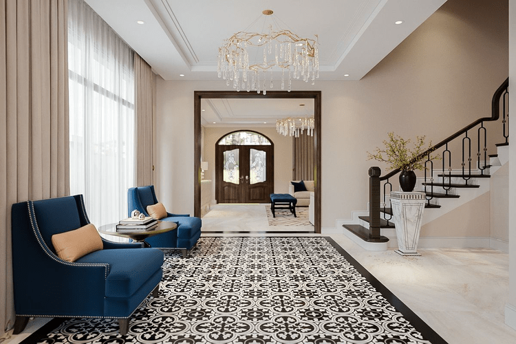 Mẫu phòng khách tân cổ điển nhà ống 5m có cầu thang