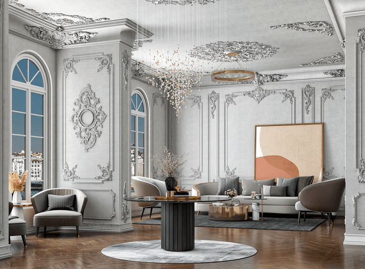 Mẫu phòng khách tân cổ điển đẹp với sàn gỗ