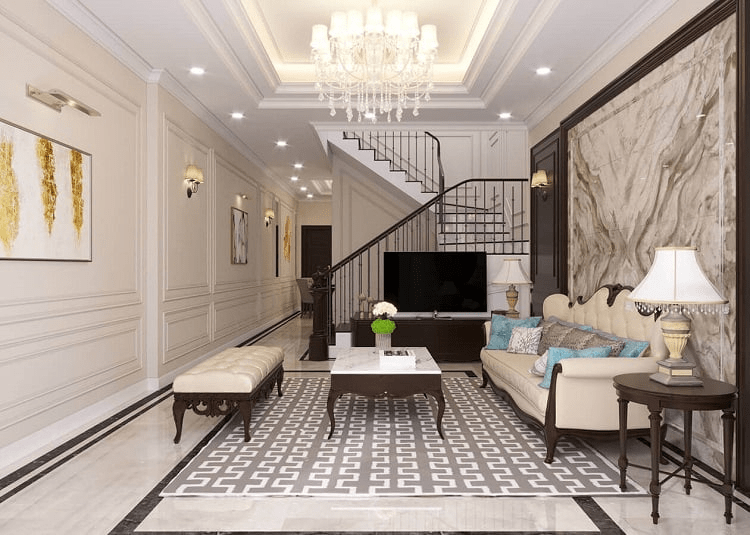 Mẫu phòng khách tân cổ điển nhà ống đơn giản có cầu thang