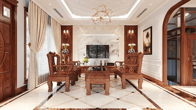 Mẫu phòng khách tân cổ điển nhà ống kết hợp nội thất bằng gỗ