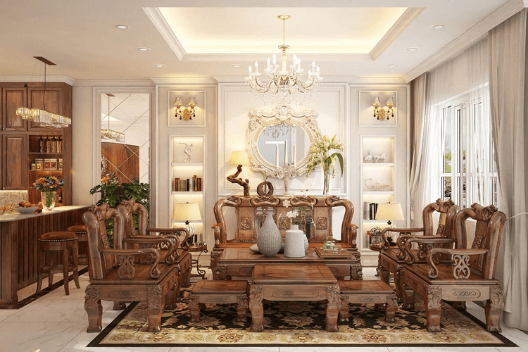 Mẫu phòng khách tân cổ điển nhà ống đẹp với nội thất bằng gỗ
