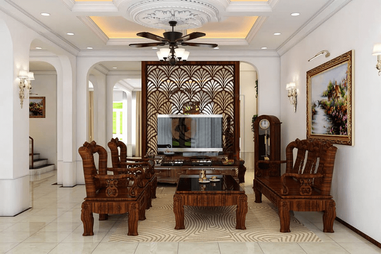 Mẫu phòng khách tân cổ điển nhà ống sang trọng với nội thất bằng gỗ