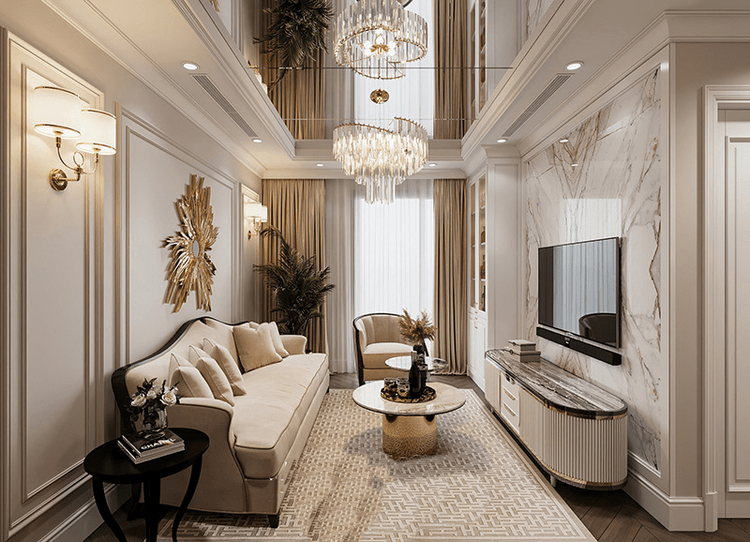 Mẫu phòng khách tân cổ điển nhà ống đẹp mê mẩn