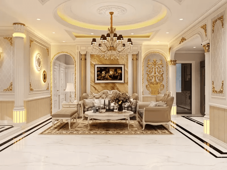 Mẫu phòng khách tân cổ điển nhà ống 5x5m đẹp, sang trọng