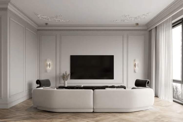 Thiết kế vách treo tivi phù hợp cho phòng khách tân cổ điển nhà ống
