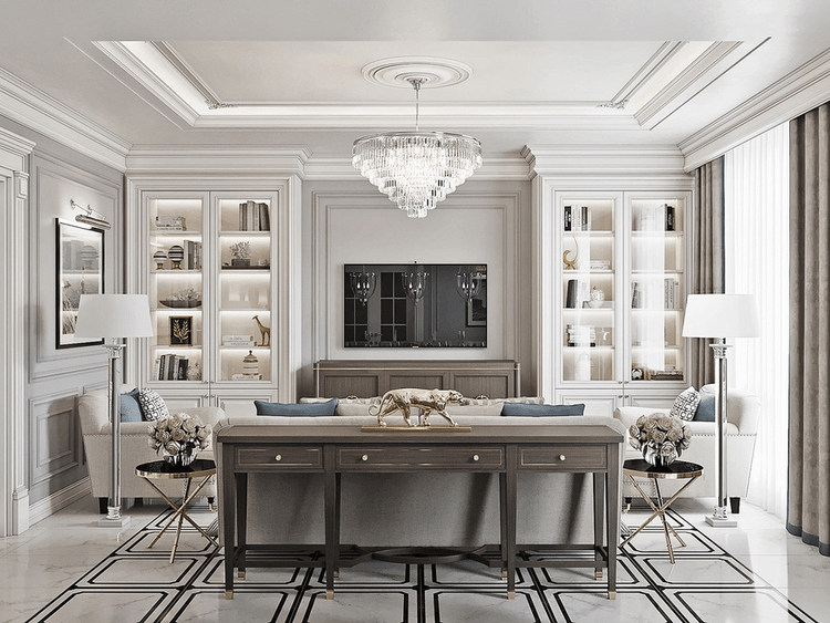 Sử dụng kệ, tủ trang trí cho phòng khách tân cổ điển nhà ống