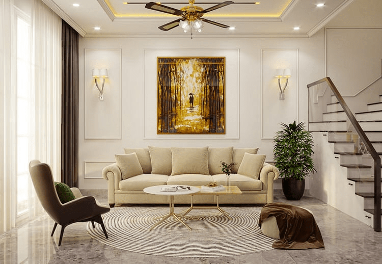 Mẫu phòng khách tân cổ điển nhà ống đẹp, bố trí nội thất đối xứng