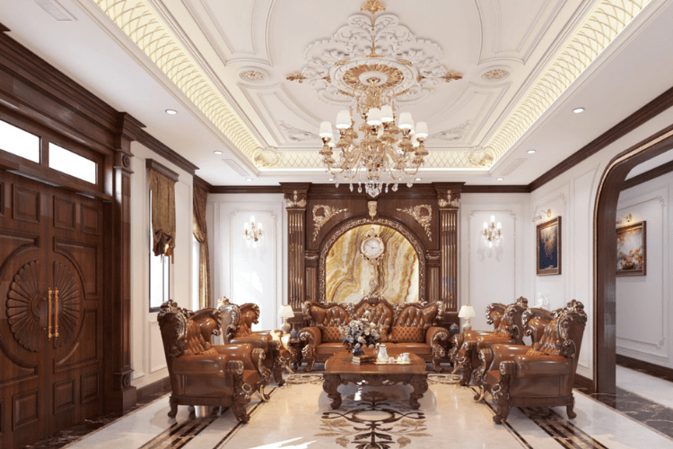 Mẫu phòng khách tân cổ điển nhà ống với vật liệu nội thất bằng gỗ