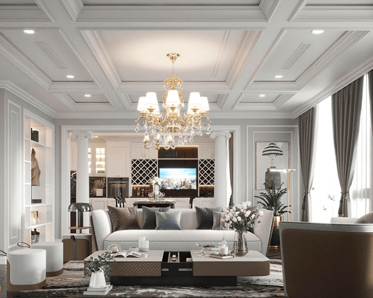Trang trí đèn chùm cho phòng khách tân cổ điển nhà ống