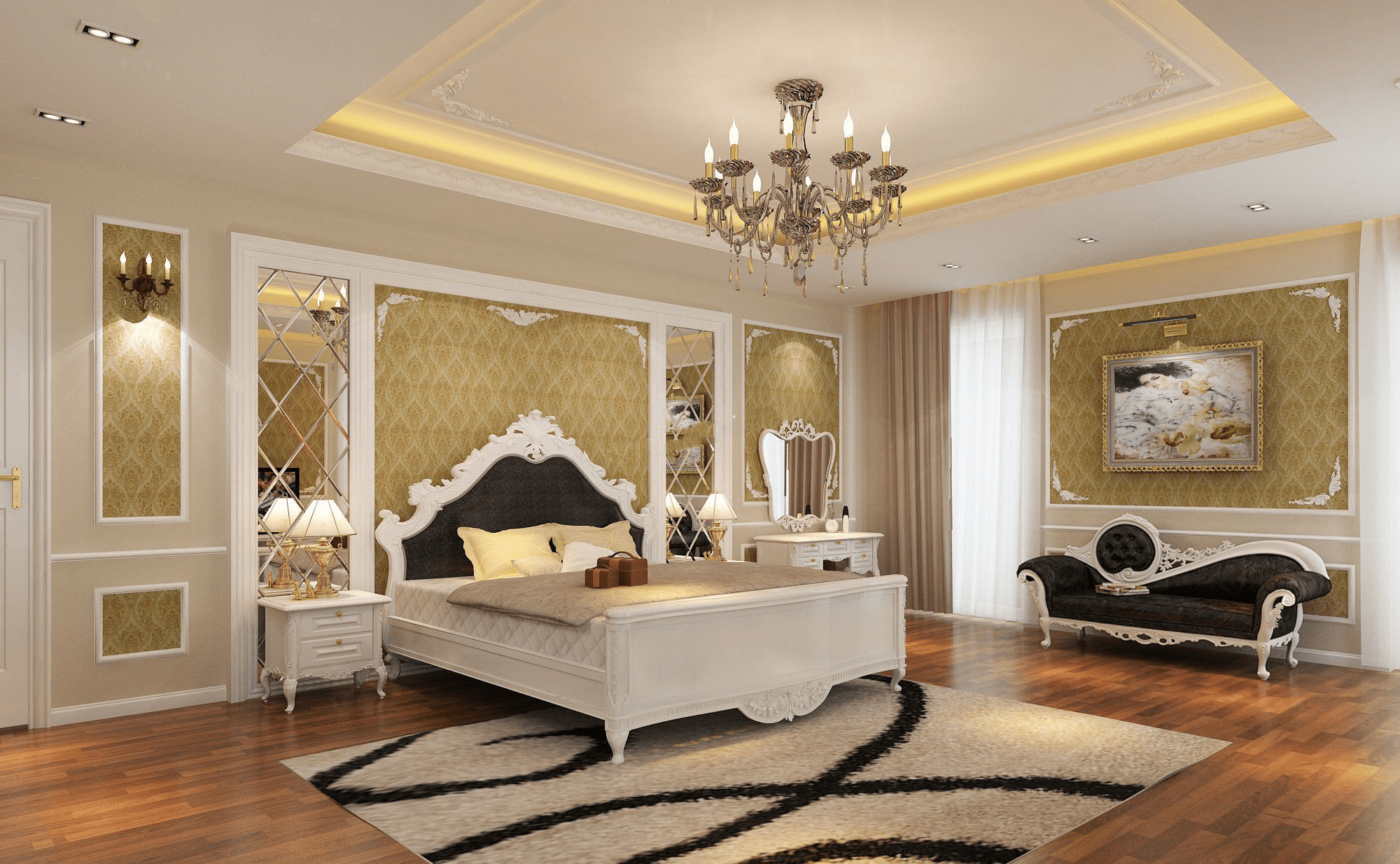 Mẫu trần thạch cao phòng ngủ 20m2 đẹp, kết hợp đèn chùm sang trọng