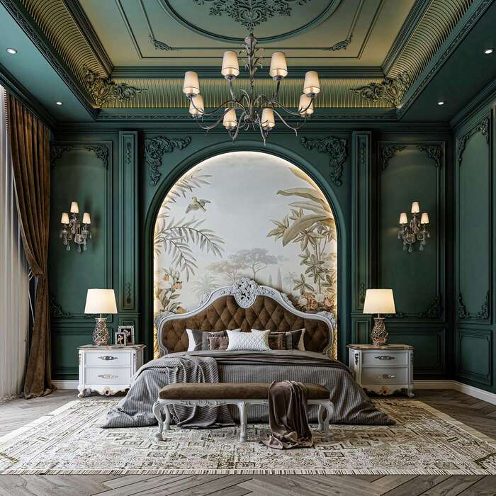 Phòng ngủ tân cổ điển với tranh vẽ trên tường đẳng cấp, mới lạ