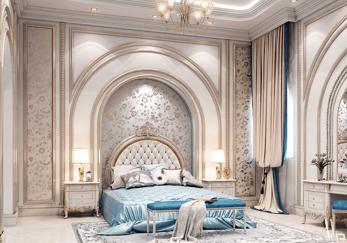 Sử dụng giấy dán tường khi thiết kế phòng ngủ tân cổ điển