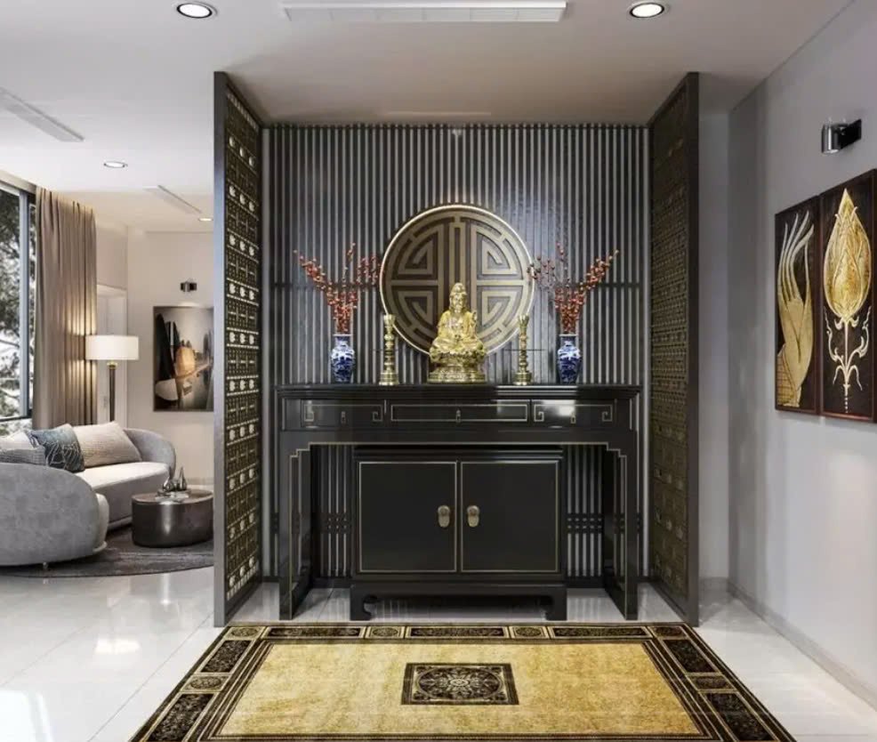 Tối ưu hóa không gian sống với mẫu thiết kế phòng khách kết hợp phòng thờ vách ngăn thông minh, tiện nghi