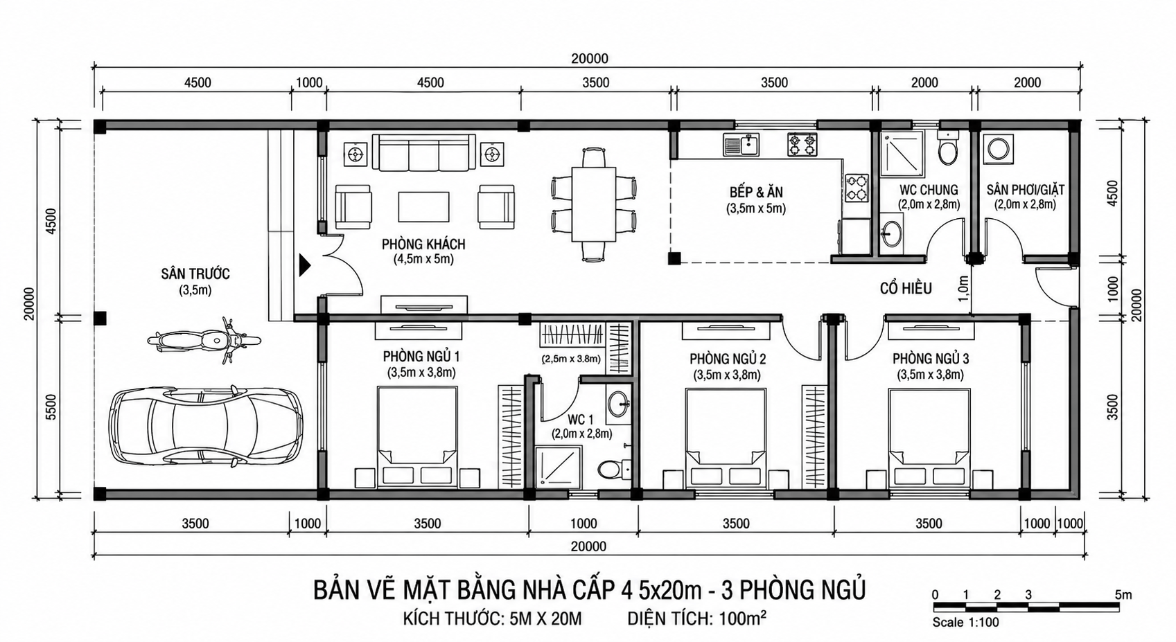 Phương án nhà cấp 4 mái tôn 5x20 bố trí 3 phòng ngủ và không gian sinh hoạt chung