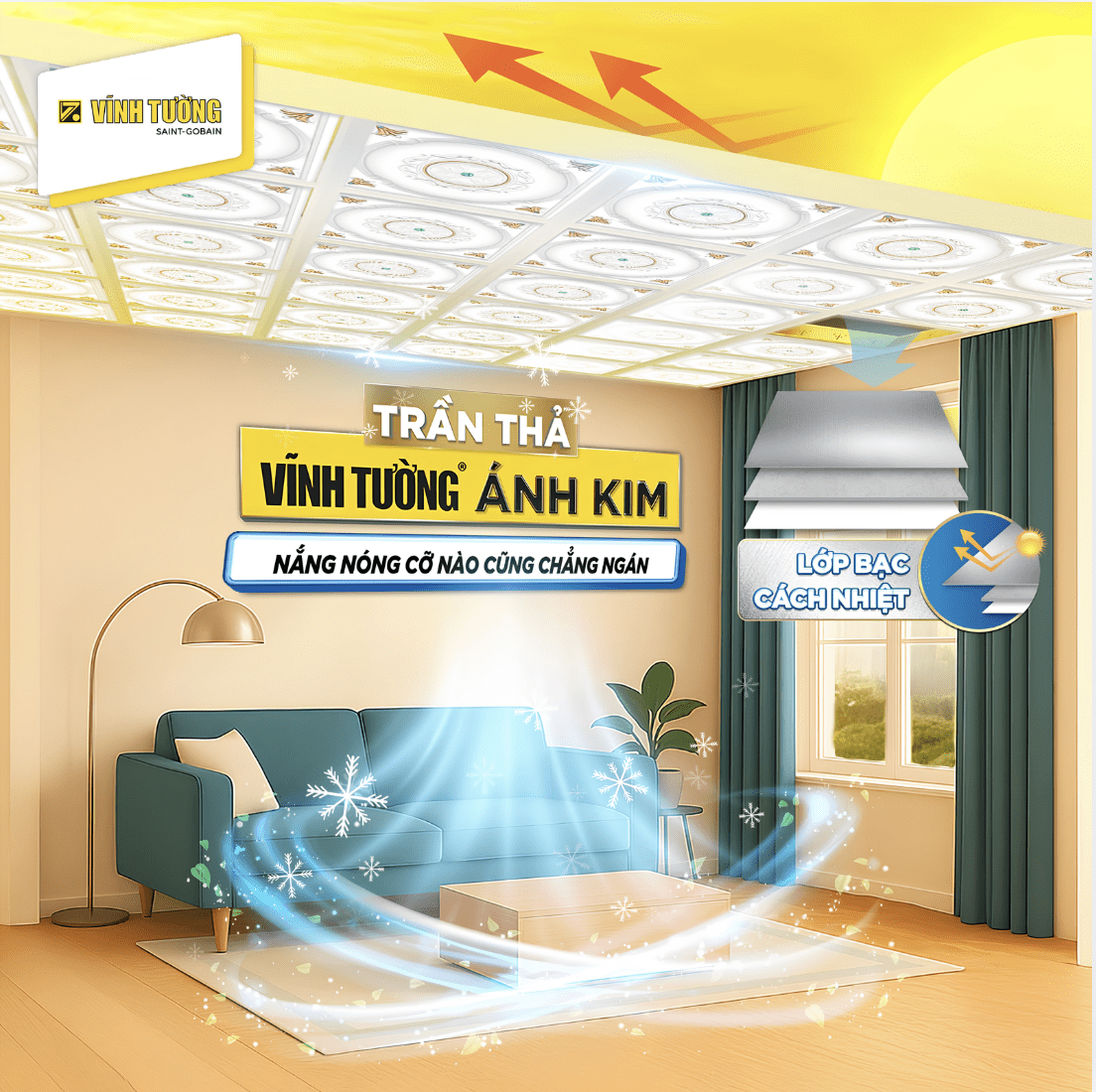 Tấm la phông Vĩnh Tường Ánh Kim giúp tăng hiệu quả chống nóng cho khu vực dưới mái và duy trì độ bền thẩm mỹ theo thời gian