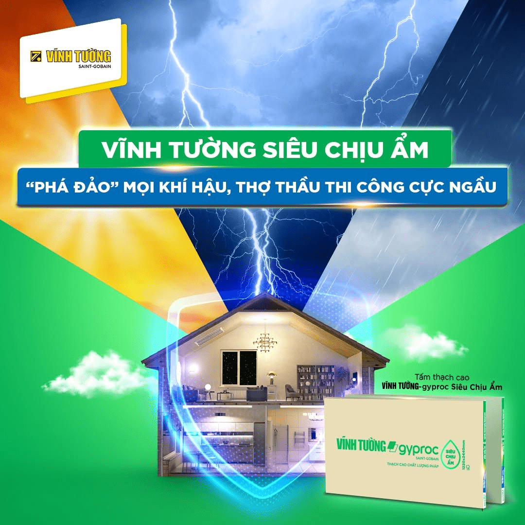 Tấm thạch cao Siêu Chịu Ẩm Vĩnh Tường là giải pháp phù hợp cho các khu vực có độ ẩm cao (Nguồn: Vĩnh Tường)