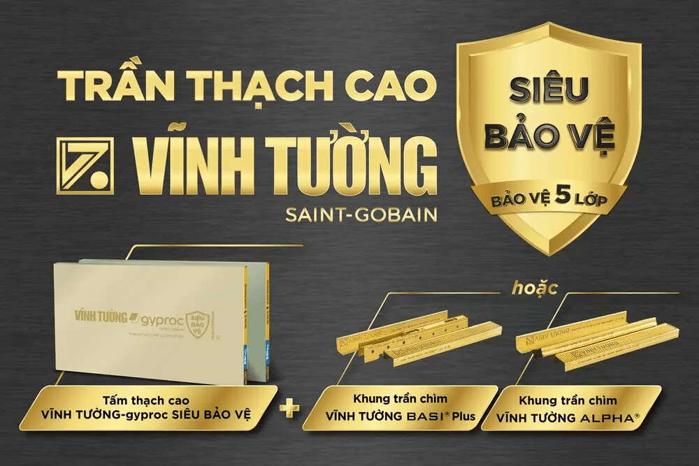 Tấm thạch cao Vĩnh Tường Siêu Bảo Vệ kết hợp khung tấm phù hợp.