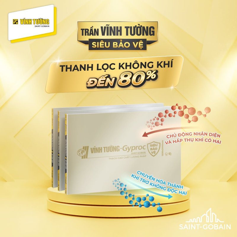 Tấm thạch cao Vĩnh Tường Siêu Bảo Vệ có khả năng thanh lọc không khí đến 80%, hỗ trợ bảo vệ sức khỏe gia đình