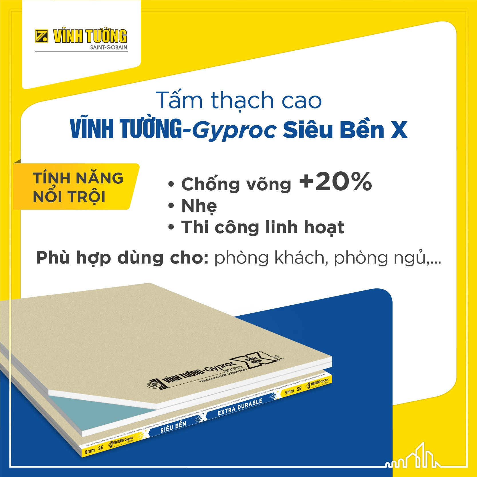 Tấm thạch cao Vĩnh Tường Siêu Bền X - An toàn, chịu lực và thẩm mỹ cao.
