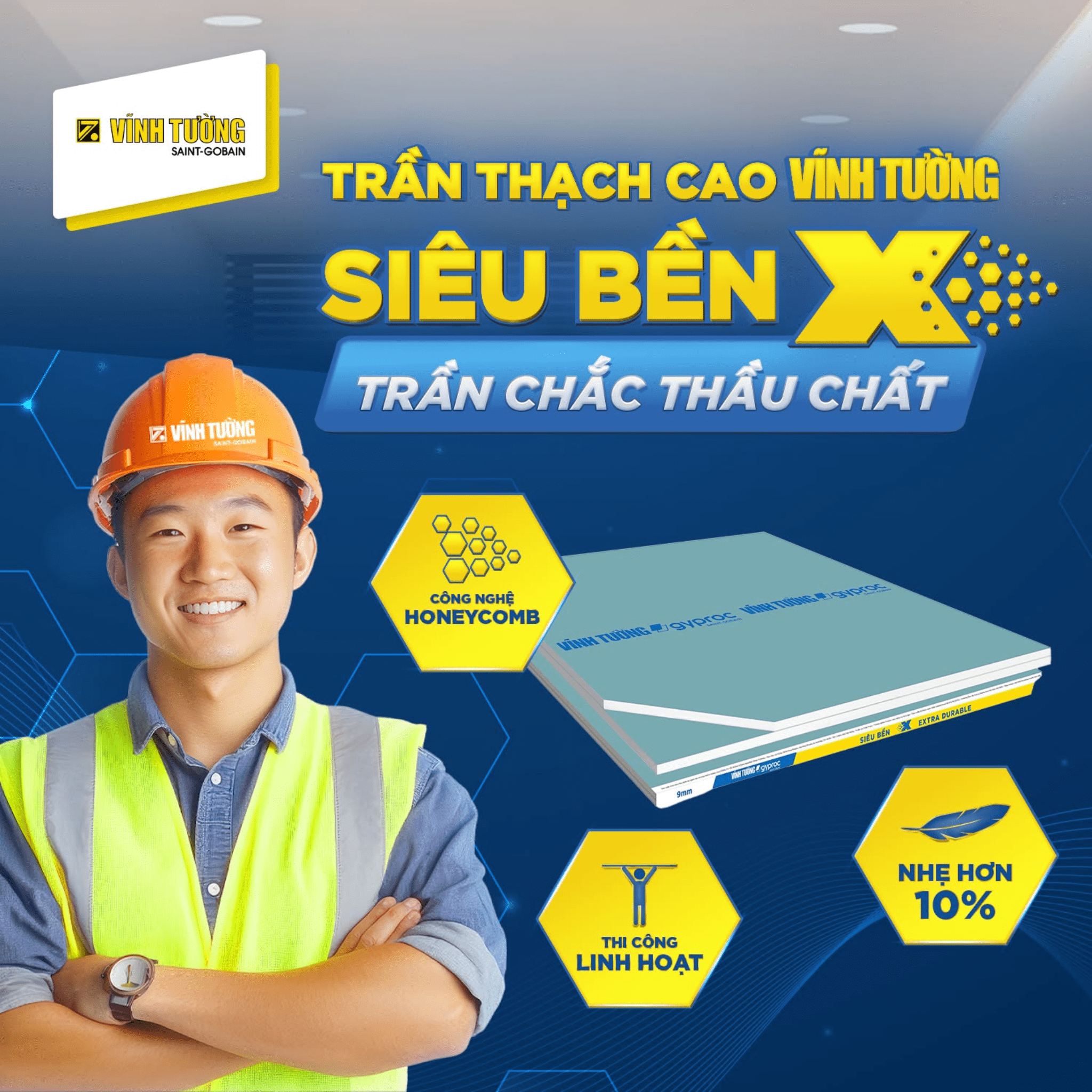 Tấm thạch cao Vĩnh Tường Siêu Bền X giúp hoàn thiện trần bền chắc, phẳng đẹp sau khi xử lý nguồn nước