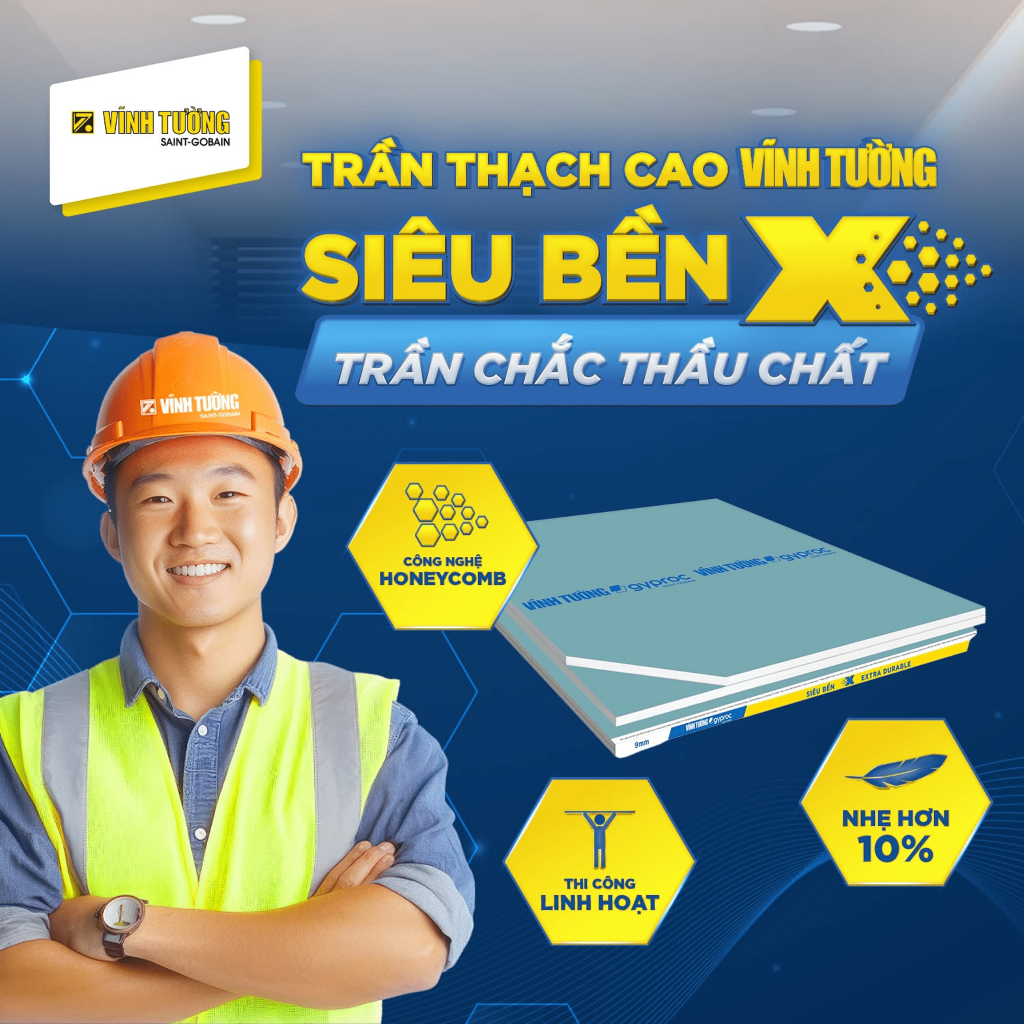 Tấm thạch cao Vĩnh Tường Siêu Bền X kết hợp với loại khung phù hợp cho nhà lắp ghép bởi đặc tính nhẹ, thi công linh hoạt.