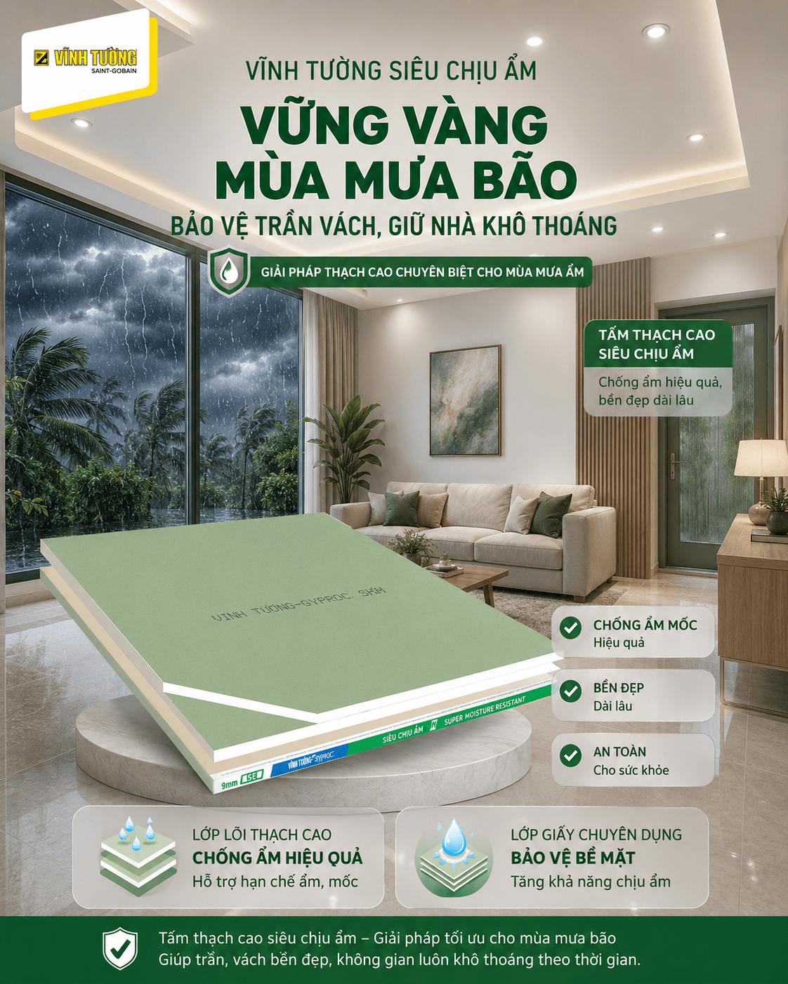Tấm thạch cao Vĩnh Tường siêu chịu ẩm giúp hạn chế tình trạng ẩm mốc 