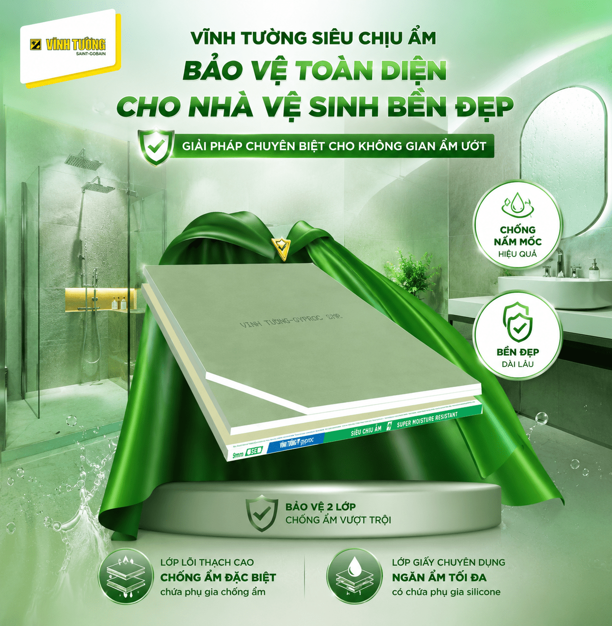 Tấm thạch cao Vĩnh Tường siêu chịu ẩm giúp hạn chế tình trạng ẩm mốc 