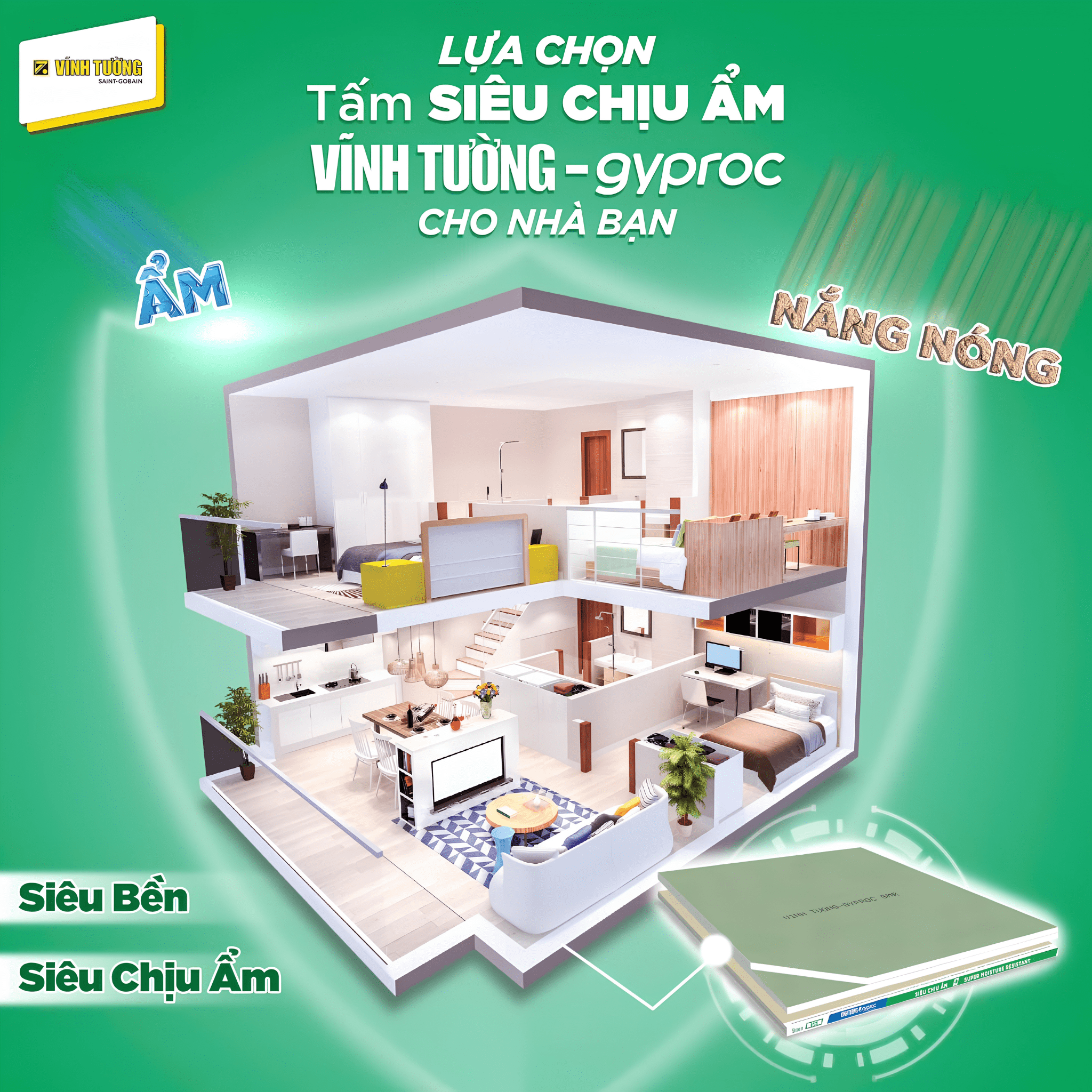 Tấm thạch cao Vĩnh Tường Siêu Chịu Ẩm phù hợp cho các khu vực có độ ẩm cao trong nhà, góp phần duy trì độ bền và tính thẩm mỹ cho trần 