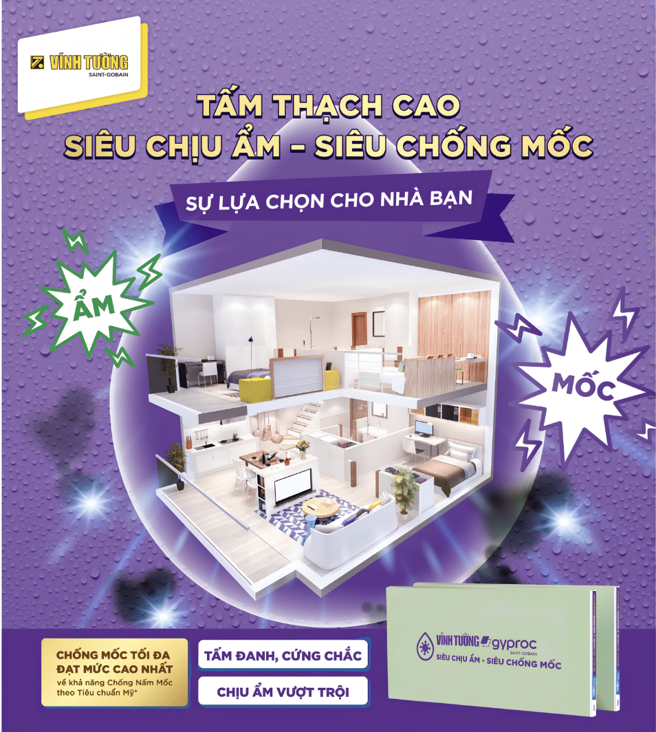 Tấm thạch cao Vĩnh Tường siêu chịu ẩm phù hợp để hoàn thiện các không gian khô ráo, góp phần nâng cao độ bền và tính thẩm mỹ cho công trình 