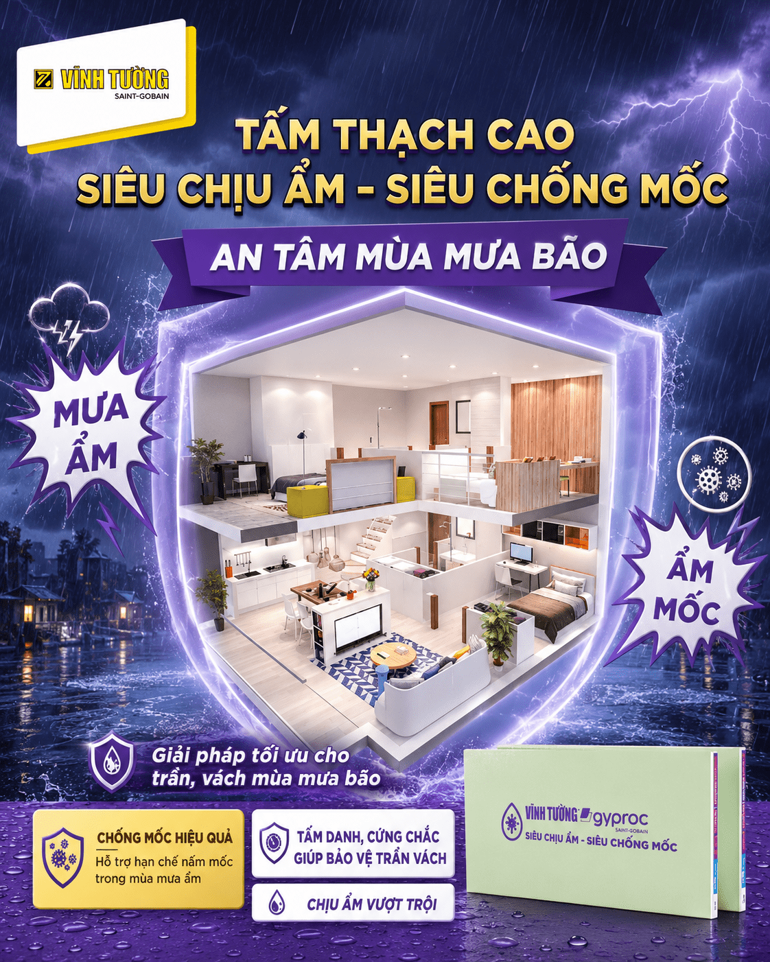 Tấm thạch cao Vĩnh Tường siêu chịu ẩm - siêu chống mốc là giải pháp tối ưu cho trần, vách trong mùa mưa bão