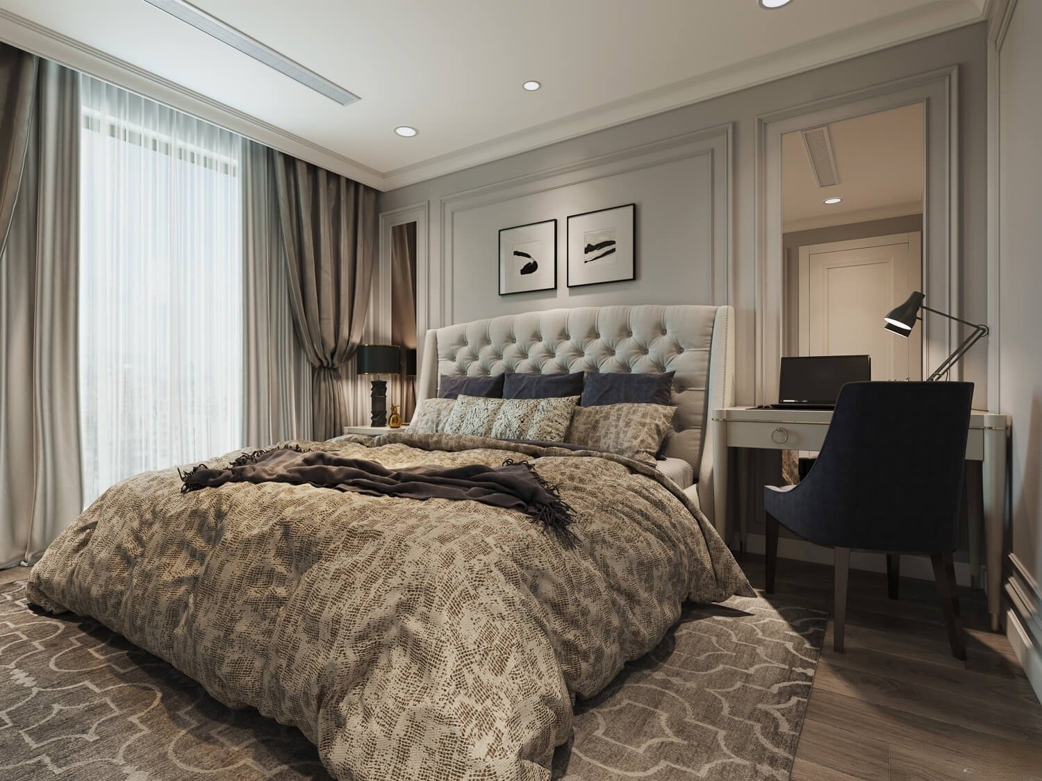 Phòng ngủ tân cổ điển được trang trí bằng thảm trải sàn cùng tông màu với chăn, gối