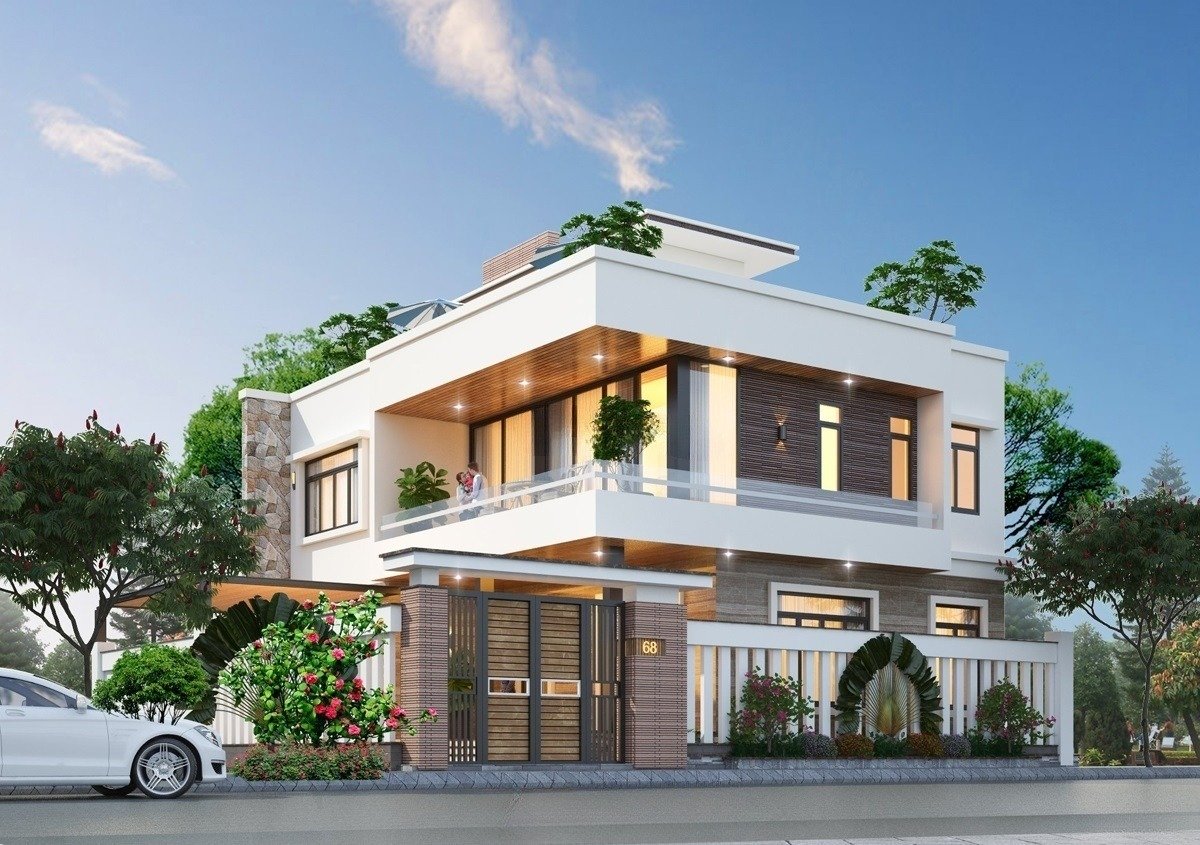 Thiết kế biệt thự 2 tầng hiện đại với sân thượng rộng rãi kết hợp nhiều cây xanh