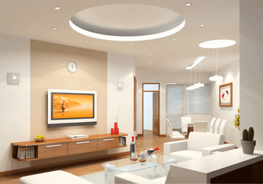 Thiết kế phòng khách với vách tường thạch cao