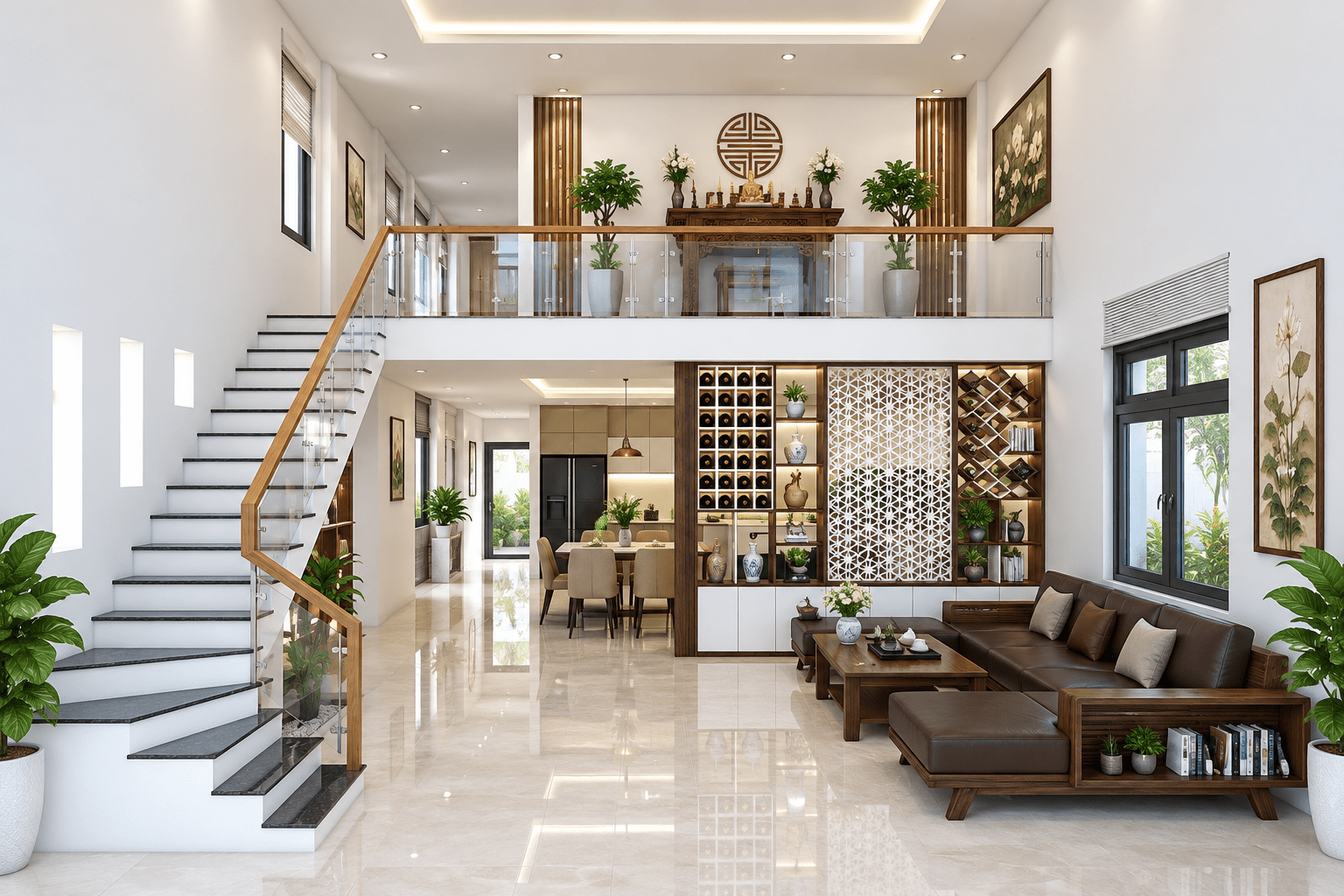 Thiết kế nhà gác lửng với 3 phòng ngủ 1 phòng thờ ấn tượng