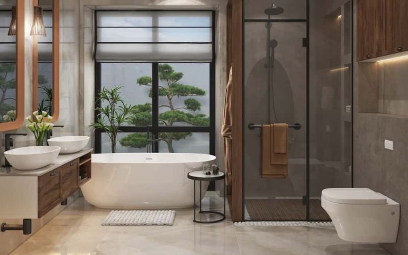 thiết kế nhà vệ sinh và nhà tắm riêng kết hợp với gỗ