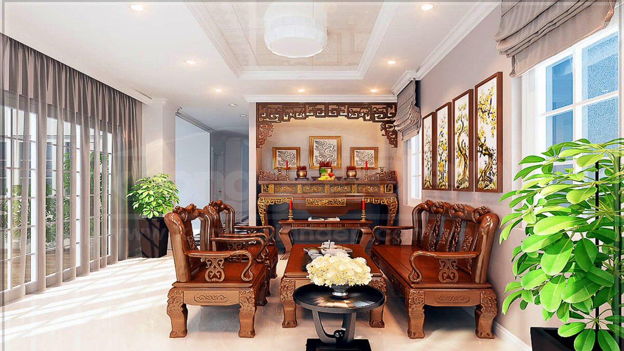 Mẫu phòng khách có bàn thờ trang nghiêm, ấn tượng