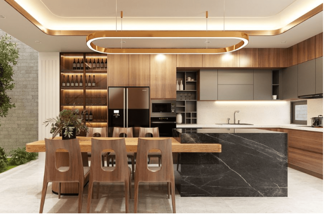 trần thạch cao chìm giật cấp kết hợp đèn oval dành cho phòng bếp