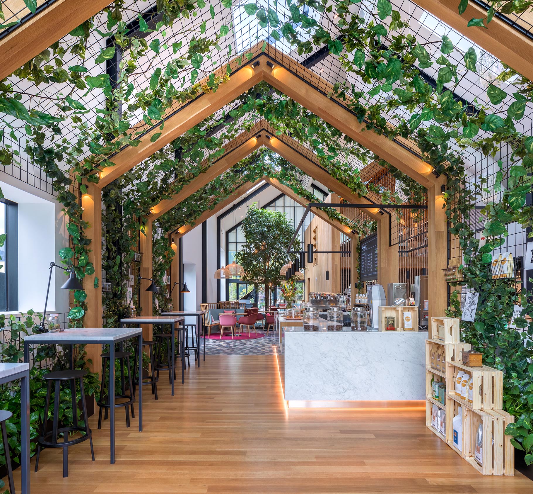 Trang trí trần quán cafe bằng cây xanh thường được dùng cho một không gian nhỏ để thuận tiện cho việc chăm sóc